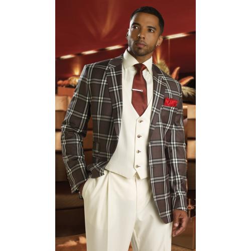 Tayion Collection Charcoal Grey / Cream / Black / Red Windowpane Design Black Hand-Pick Stitching Wool Suit 222